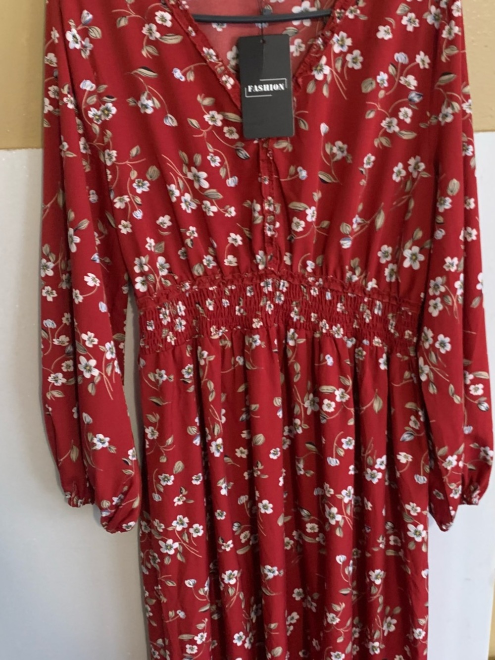Red Floral Long Sleeve Smocked Waist Dress